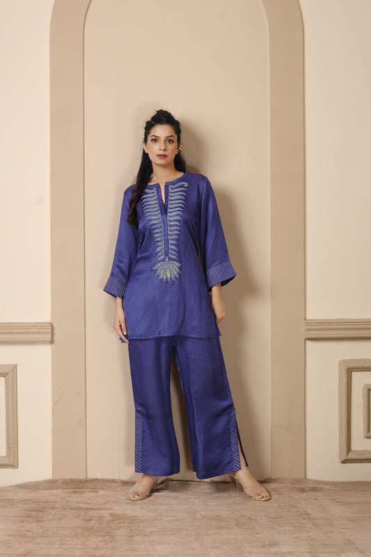 Blue Embroidered Cord Set