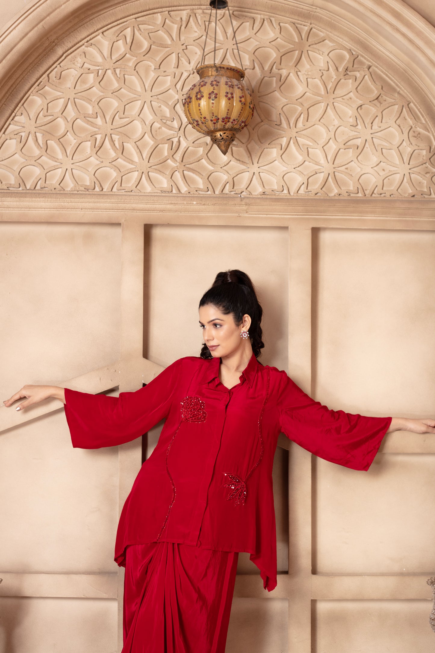 Maroon Embroidered Draped Skirt Set