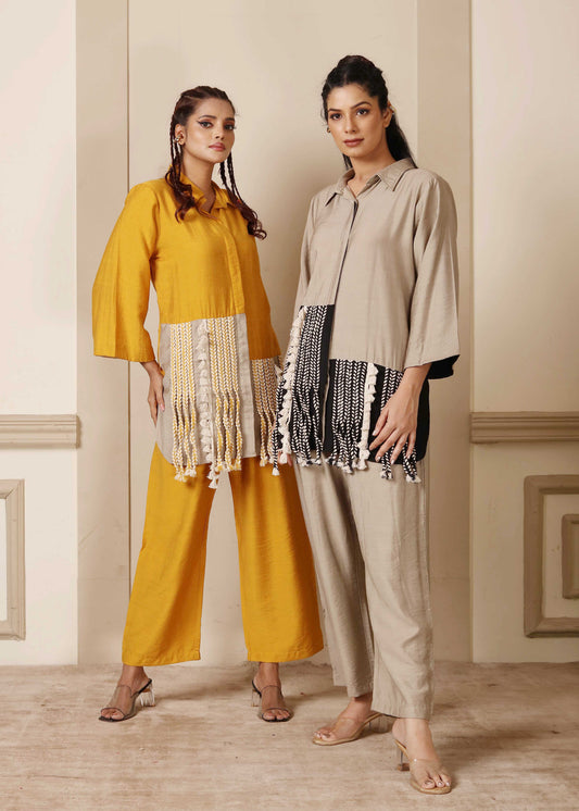 Yellow Colour Blocking Tasseled Cord Set