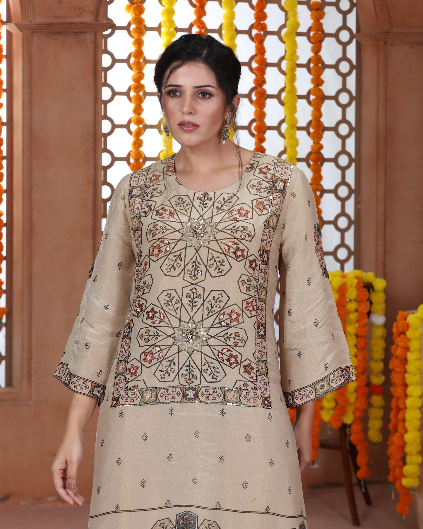 Beige Printed Tissue Suit-4