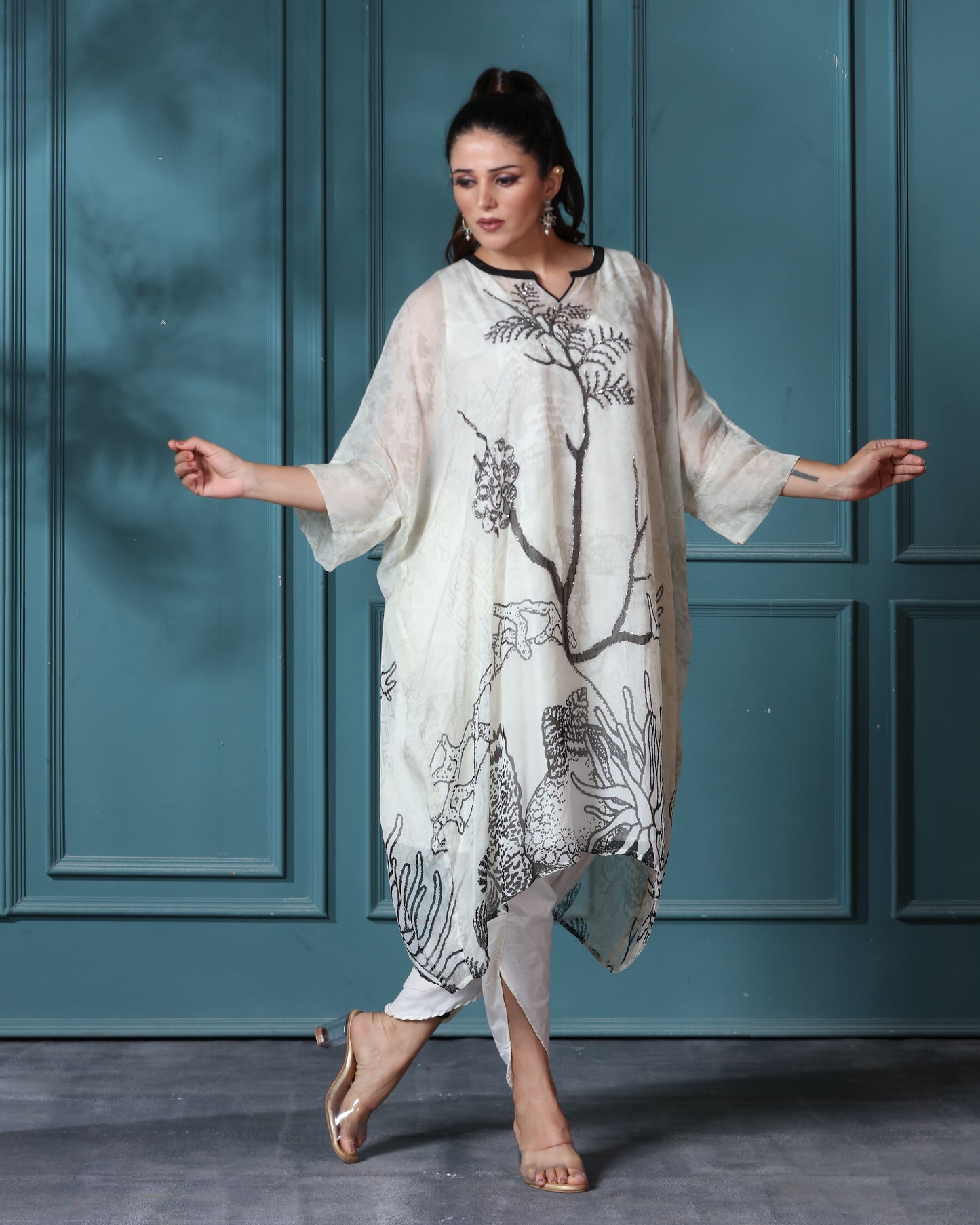 Off White Organza Kaftan Set