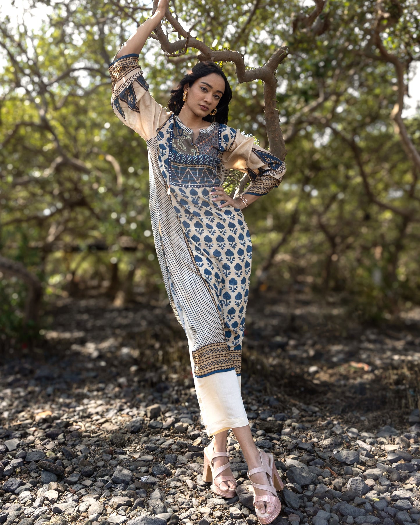 Beige Printed Kurti Set