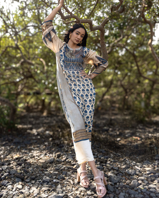 Beige Printed Kurti Set