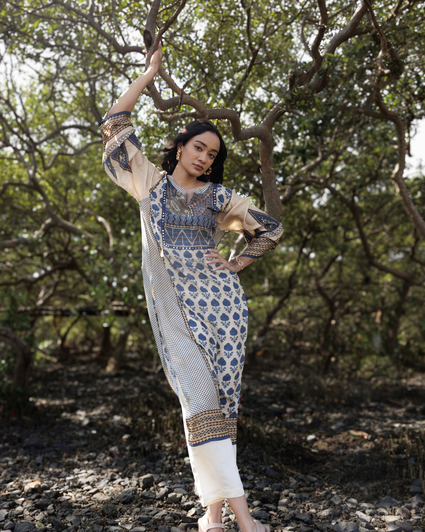 Beige Printed Kurti Set