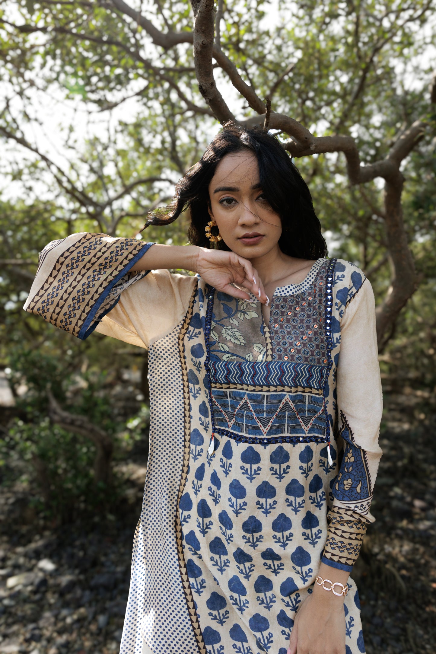 Beige Printed Kurti Set