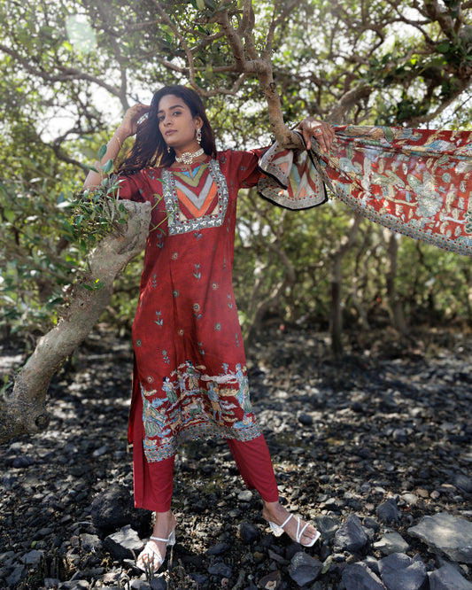 Maroon Printed Suit