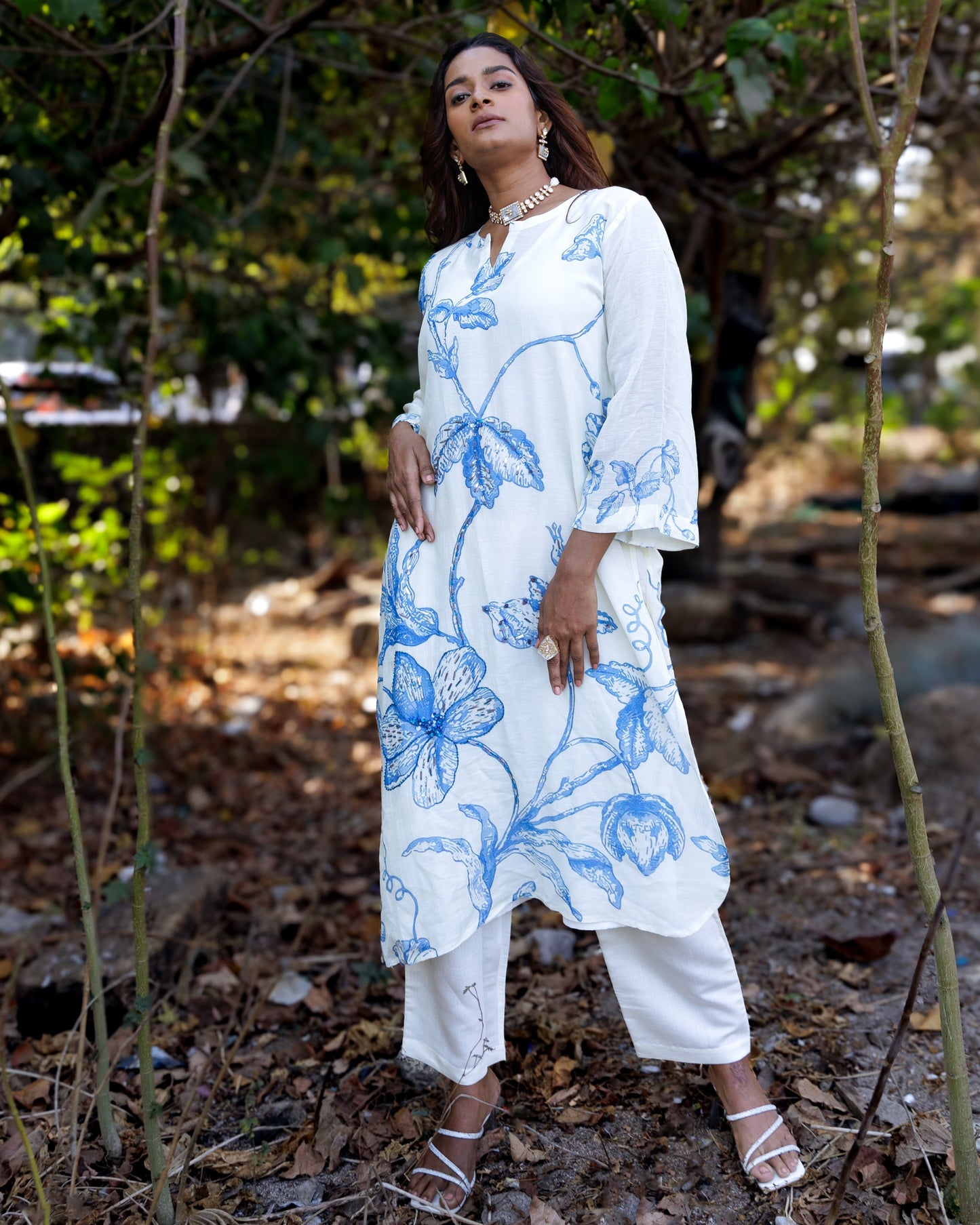 Blue & White Printed Kurti Set