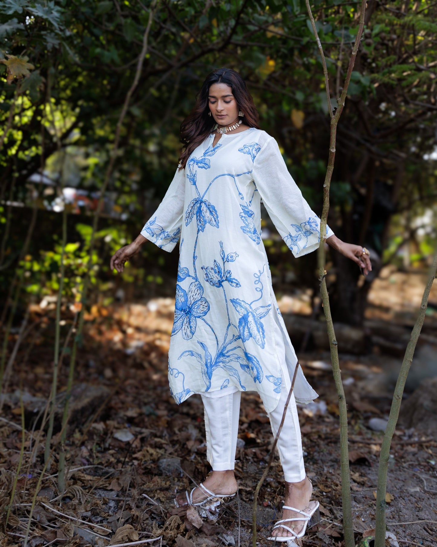 Blue & White Printed Kurti Set