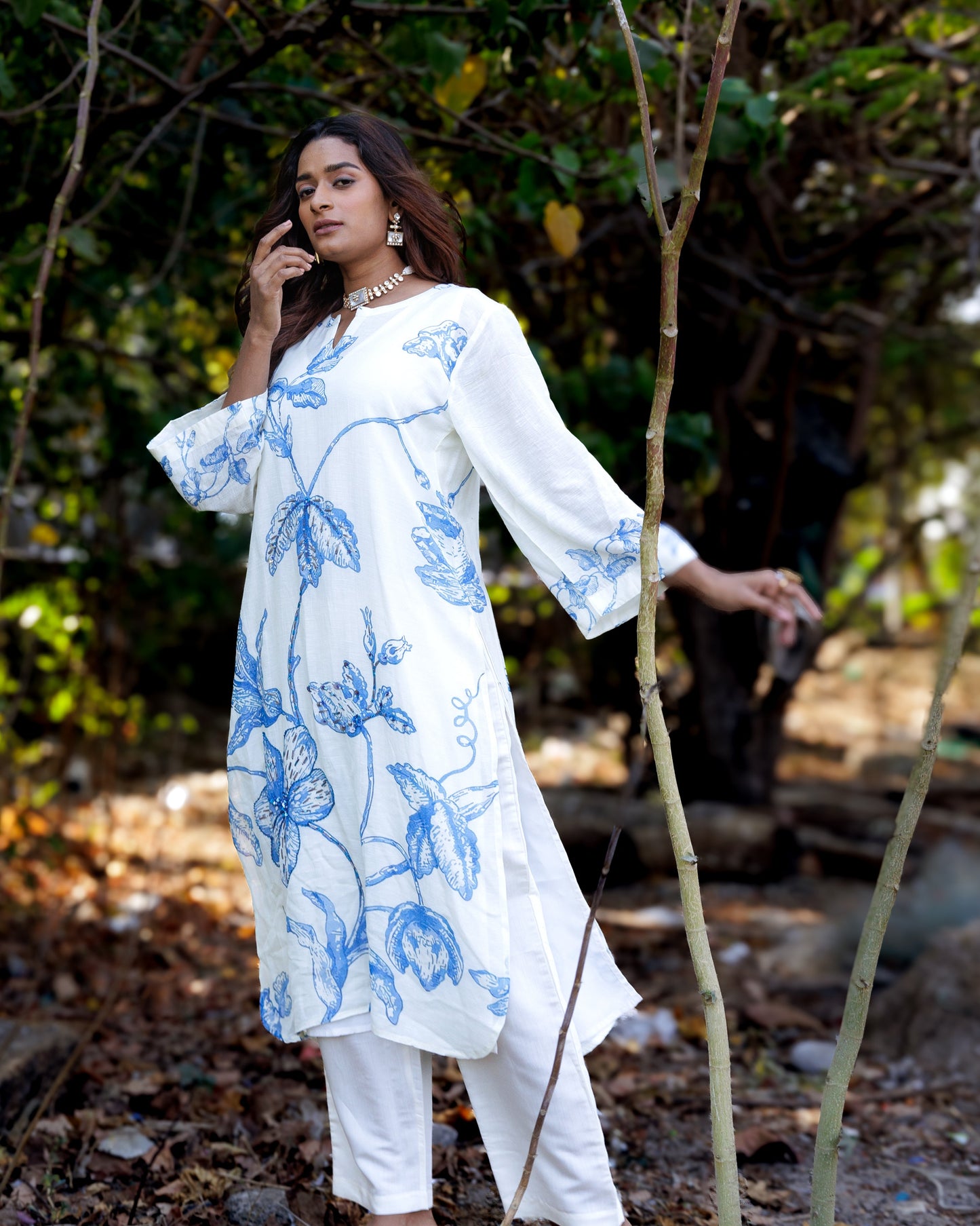 Blue & White Printed Kurti Set