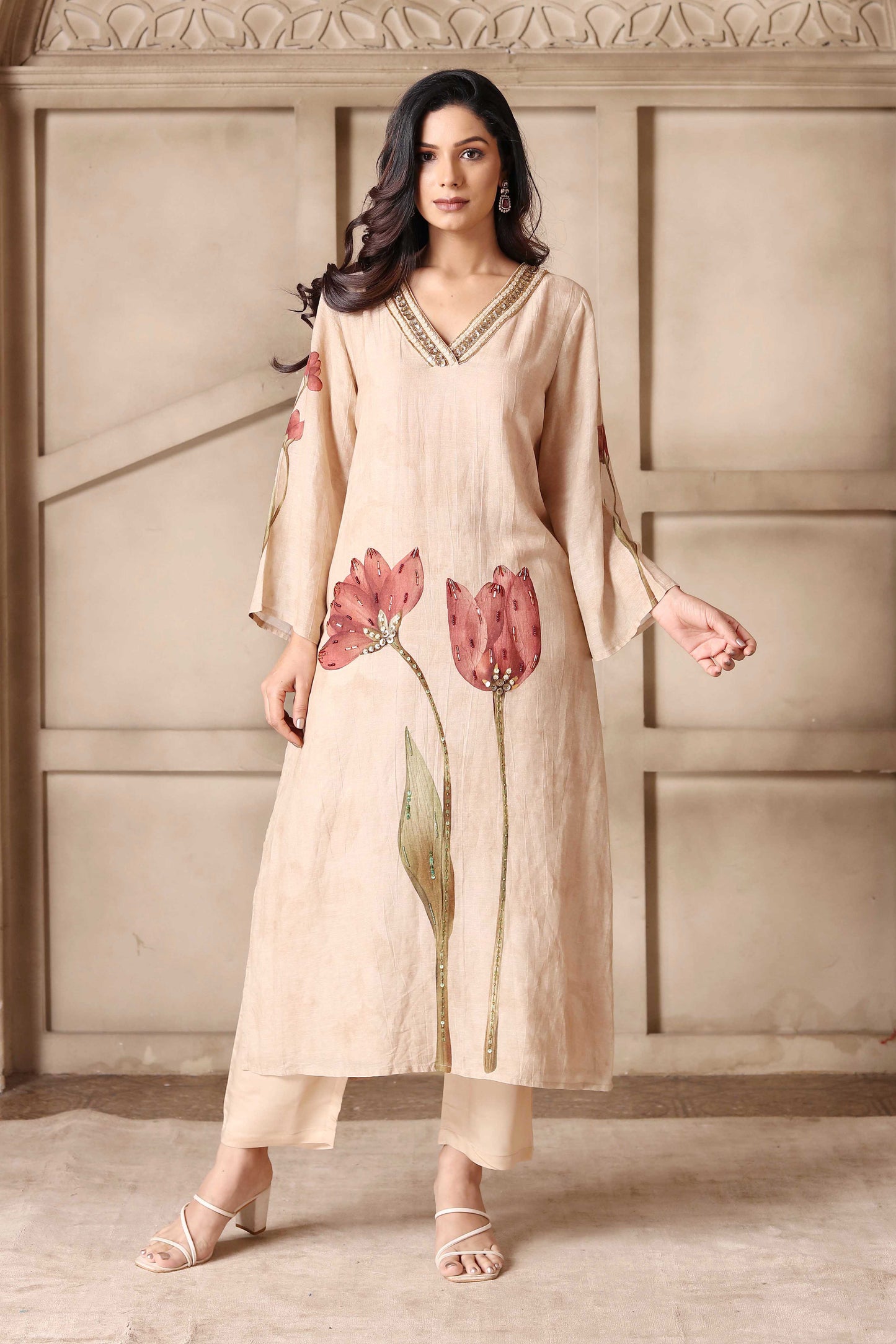 Beige Lotus Kurti Set