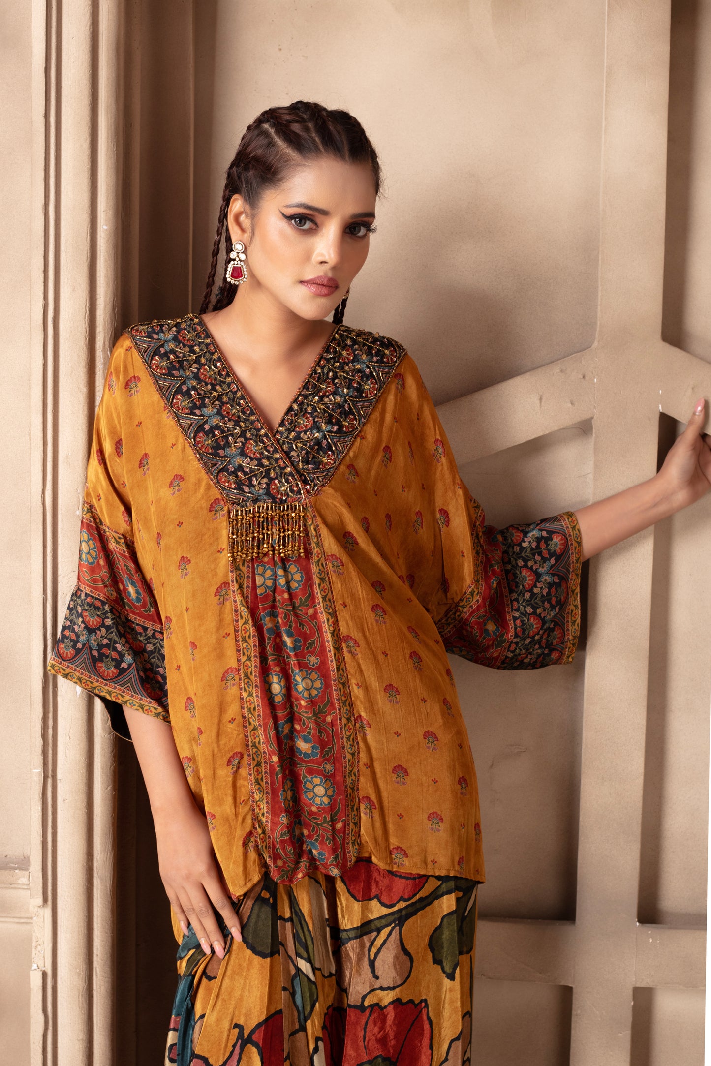 Yellow Embroidered Draped Skirt Set