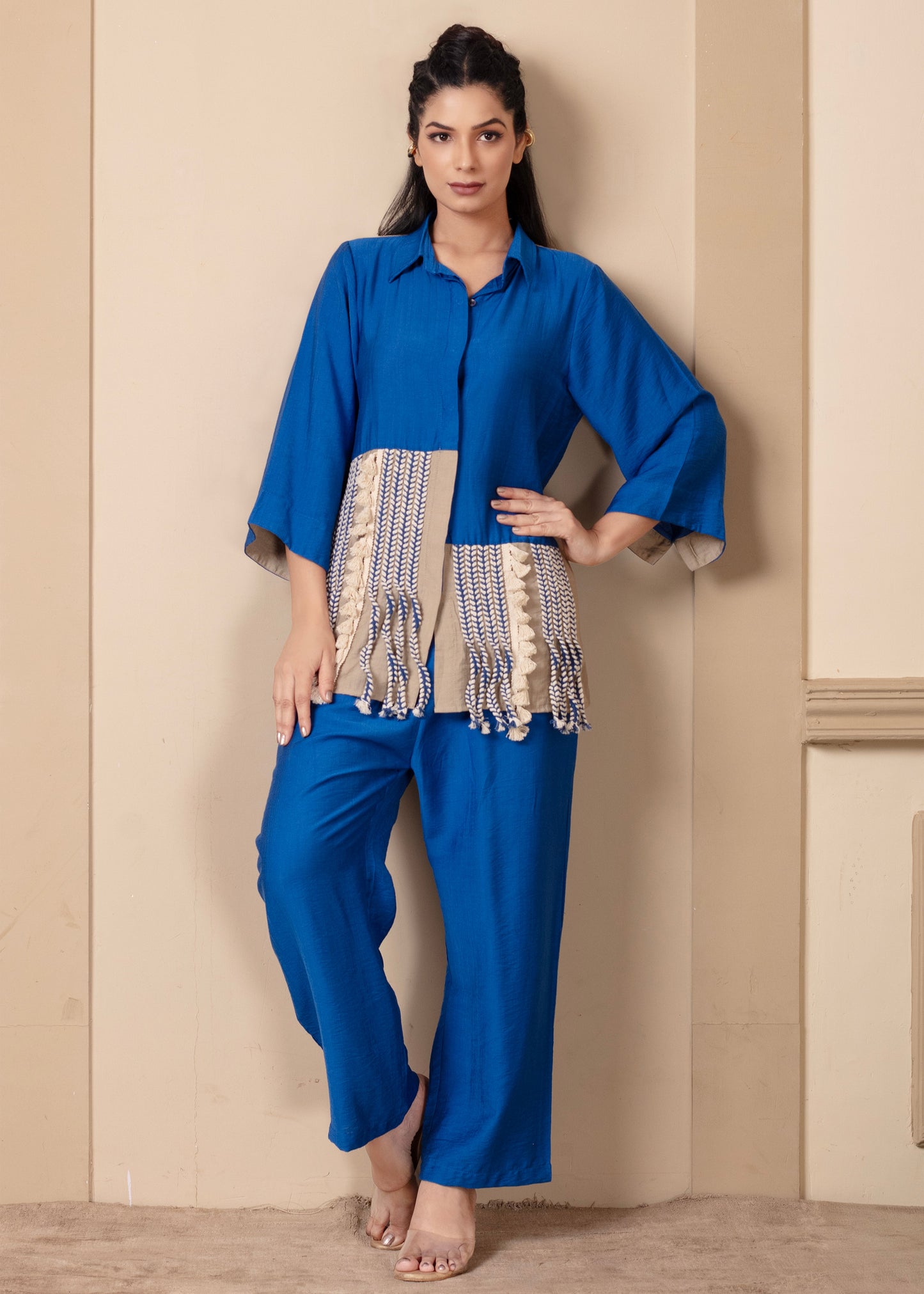 Blue Colour Blocking Tasseled Cord Set