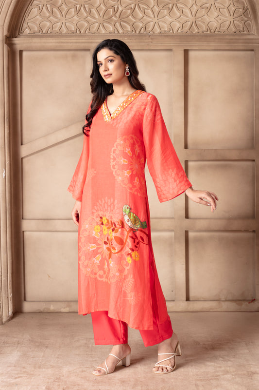 Coral Printed Kurti Set