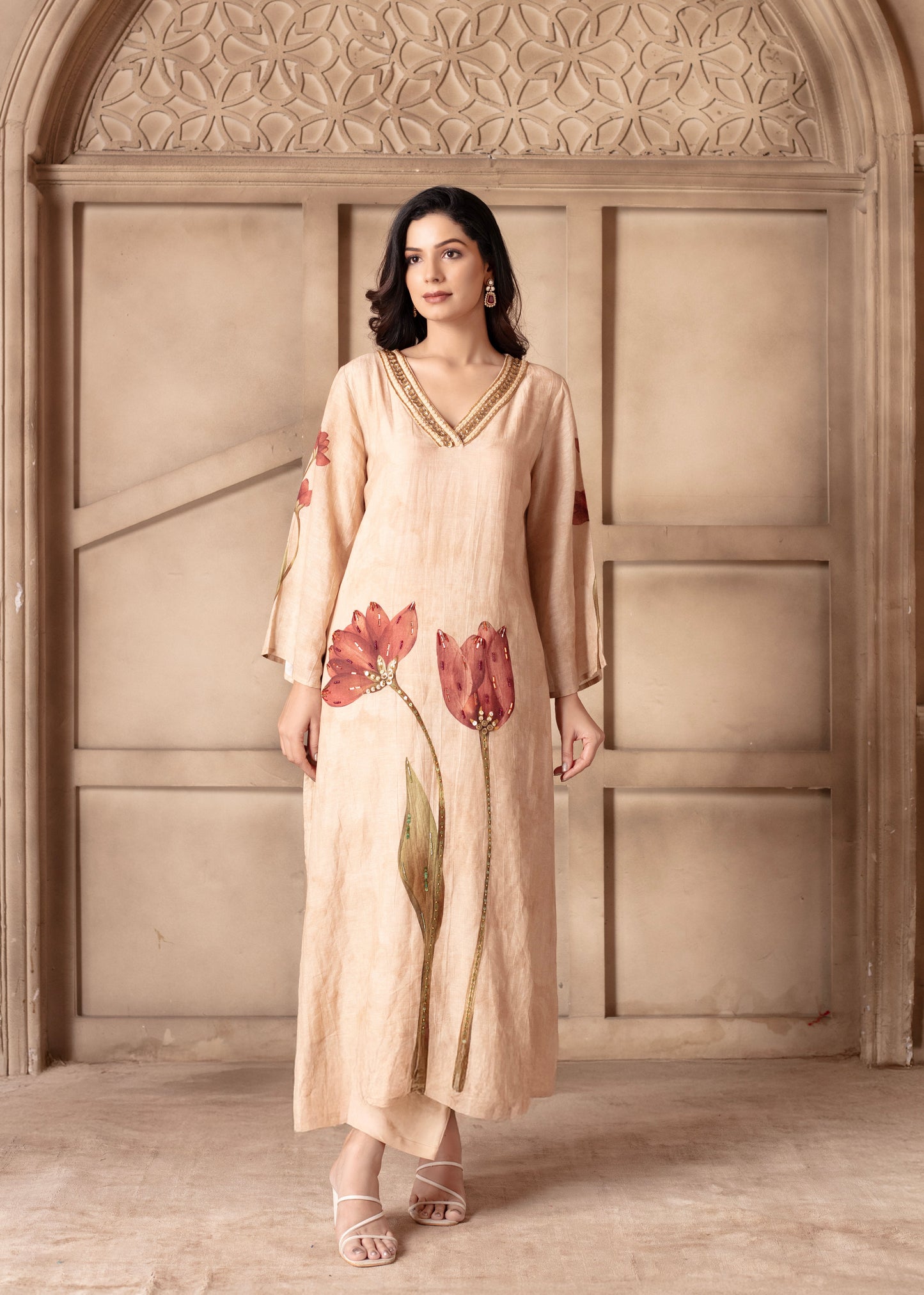 Beige Lotus Kurti Set