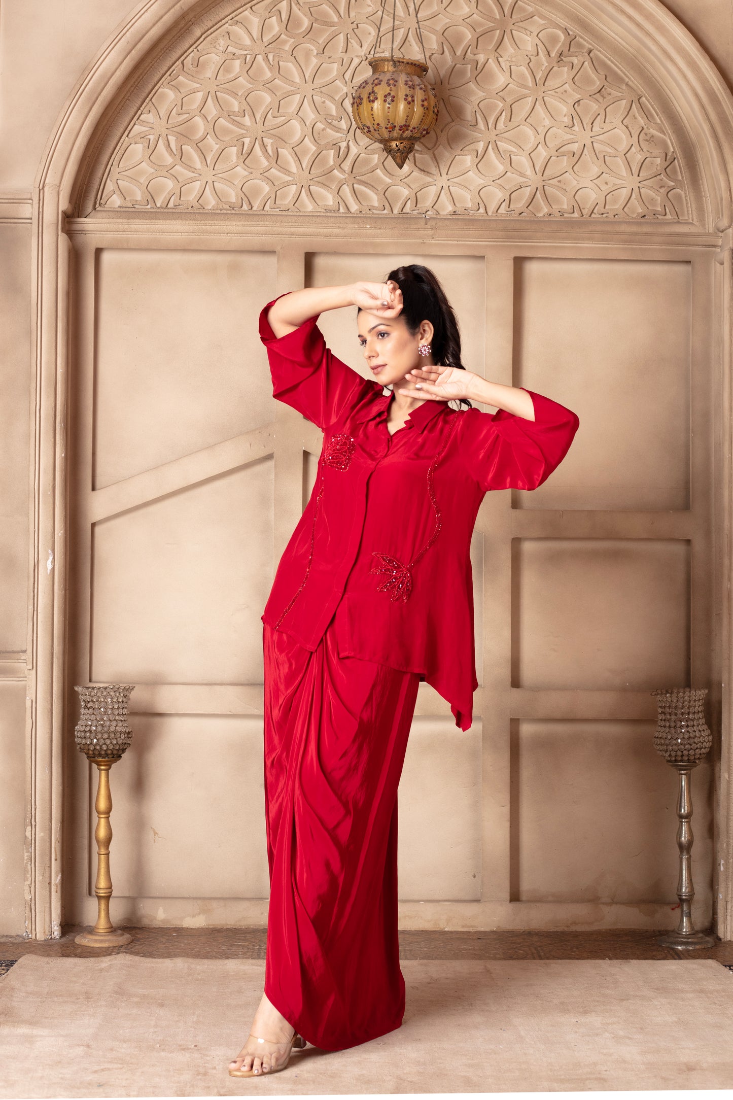 Maroon Embroidered Draped Skirt Set