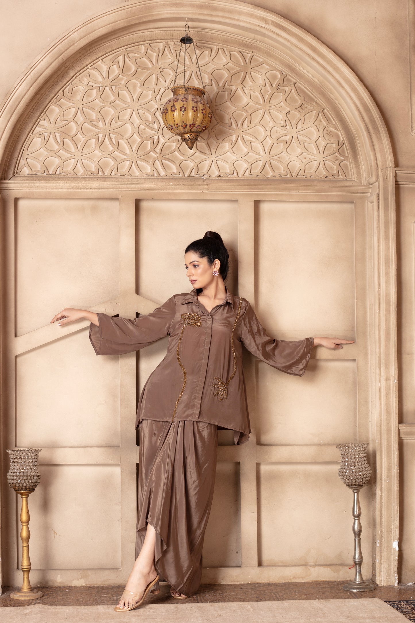 Taupe Floral Embroidered Draped Skirt Set