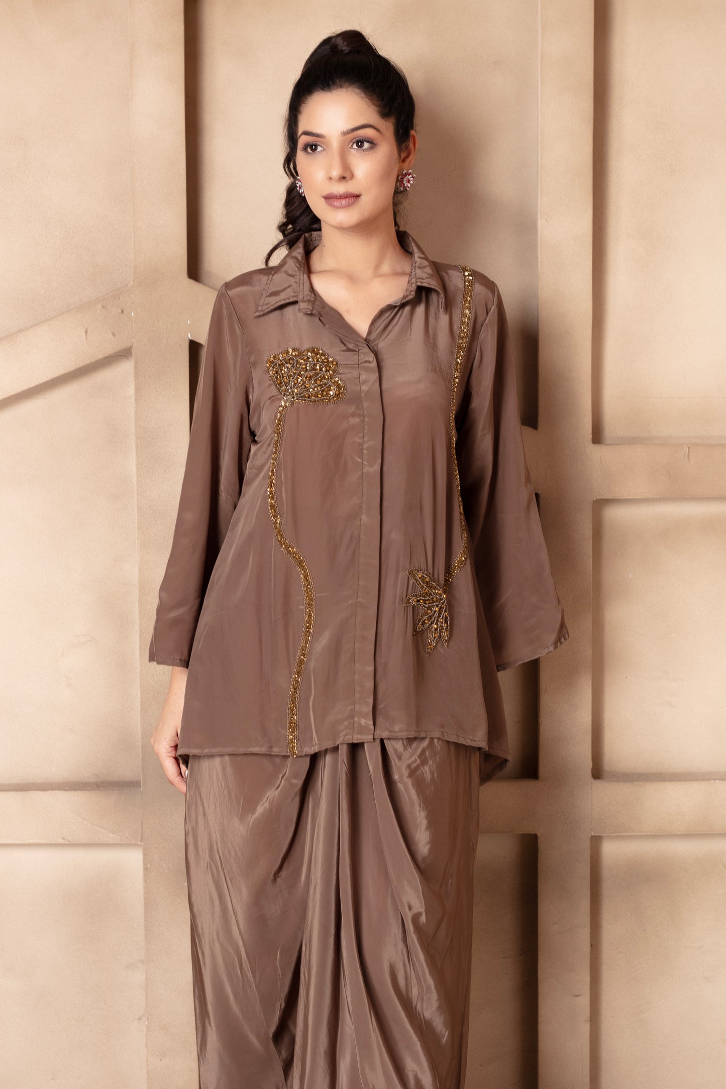 Taupe Floral Embroidered Draped Skirt Set