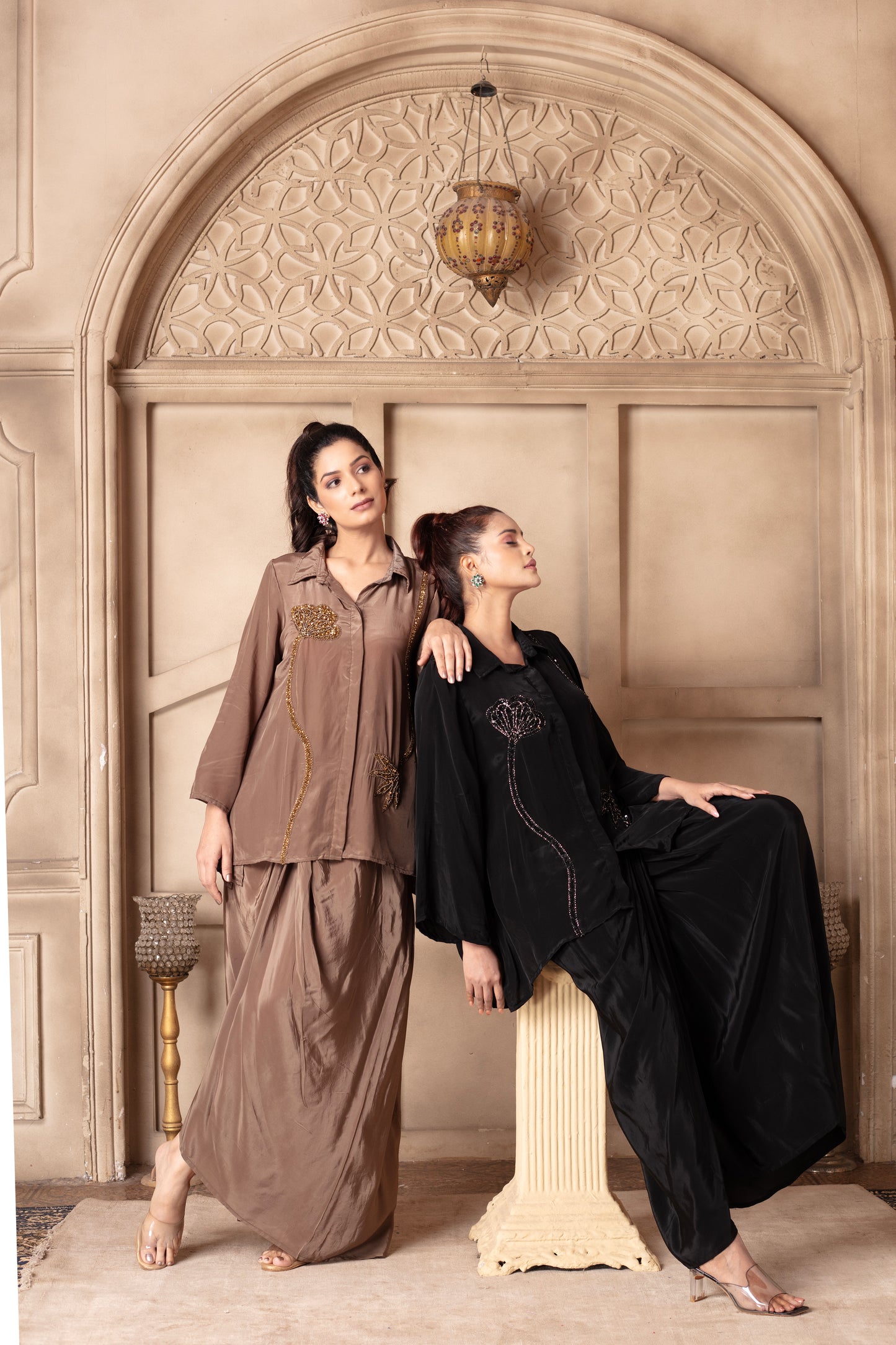 Taupe Floral Embroidered Draped Skirt Set