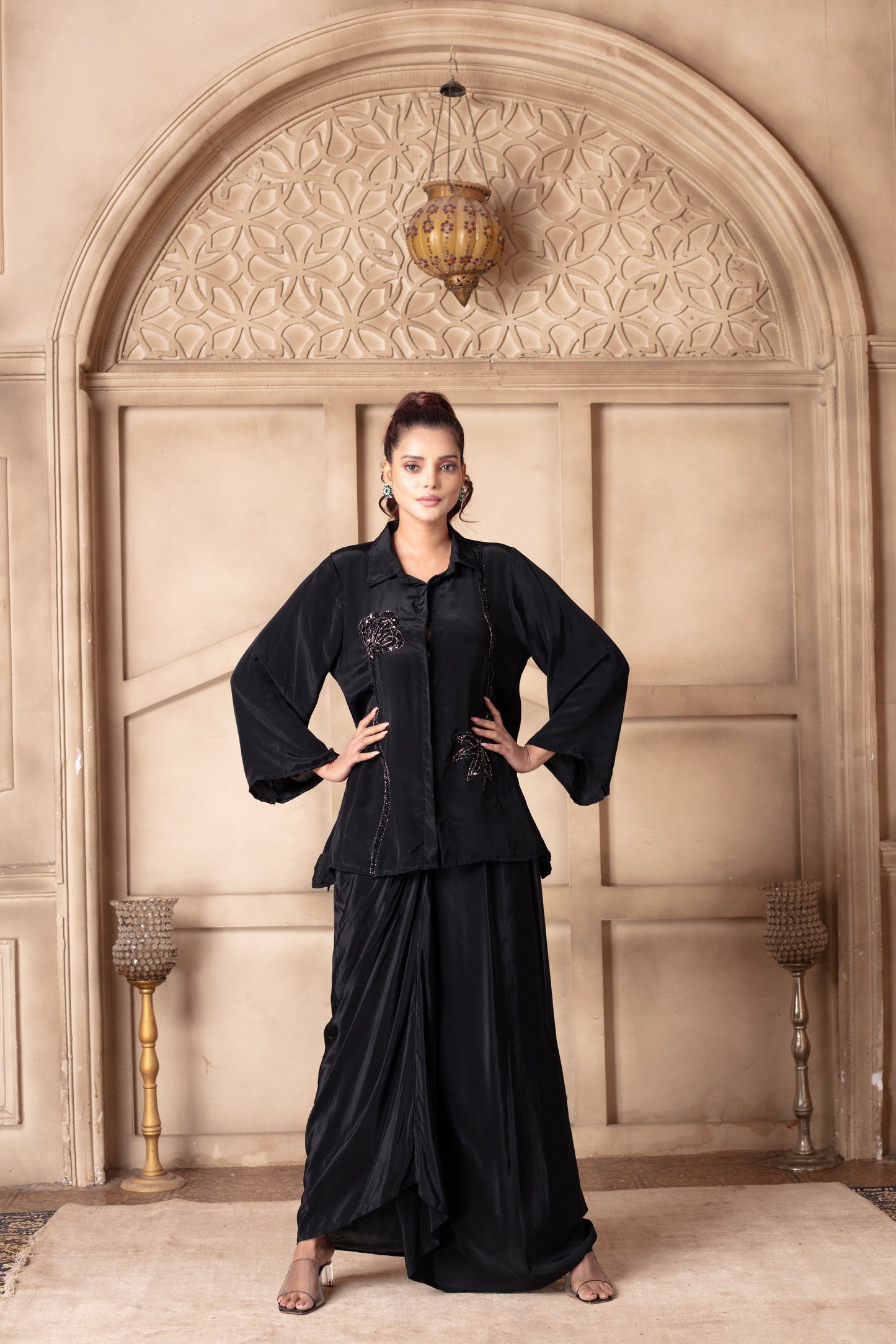 Black Floral Embroidered Draped Skirt Set