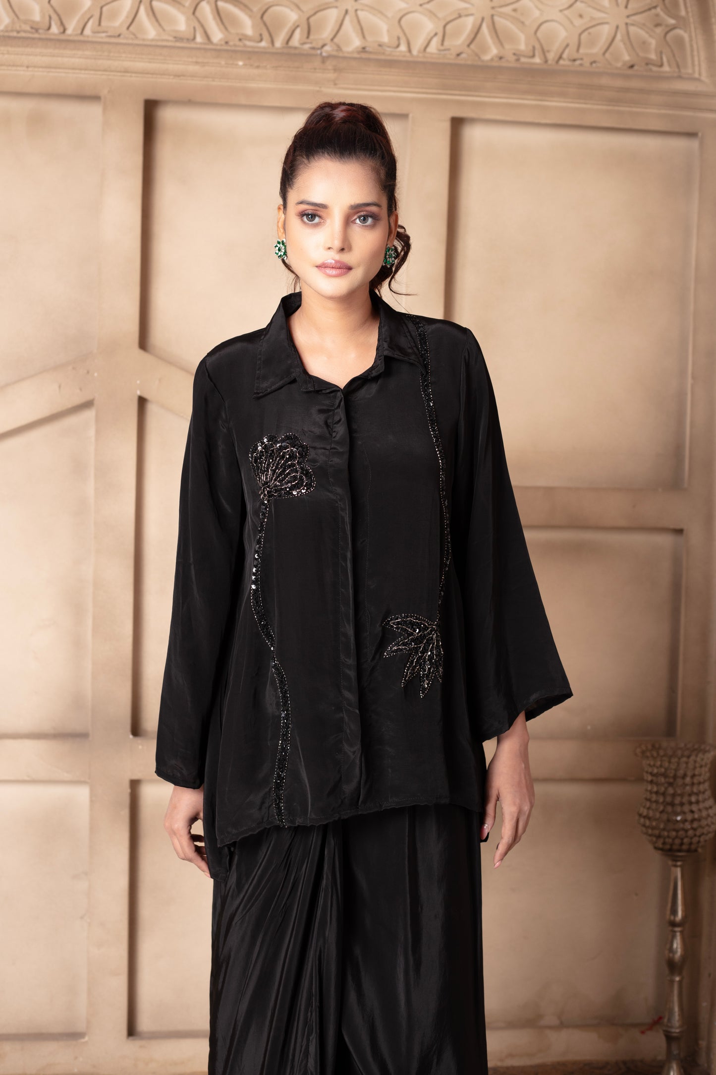 Black Floral Embroidered Draped Skirt Set