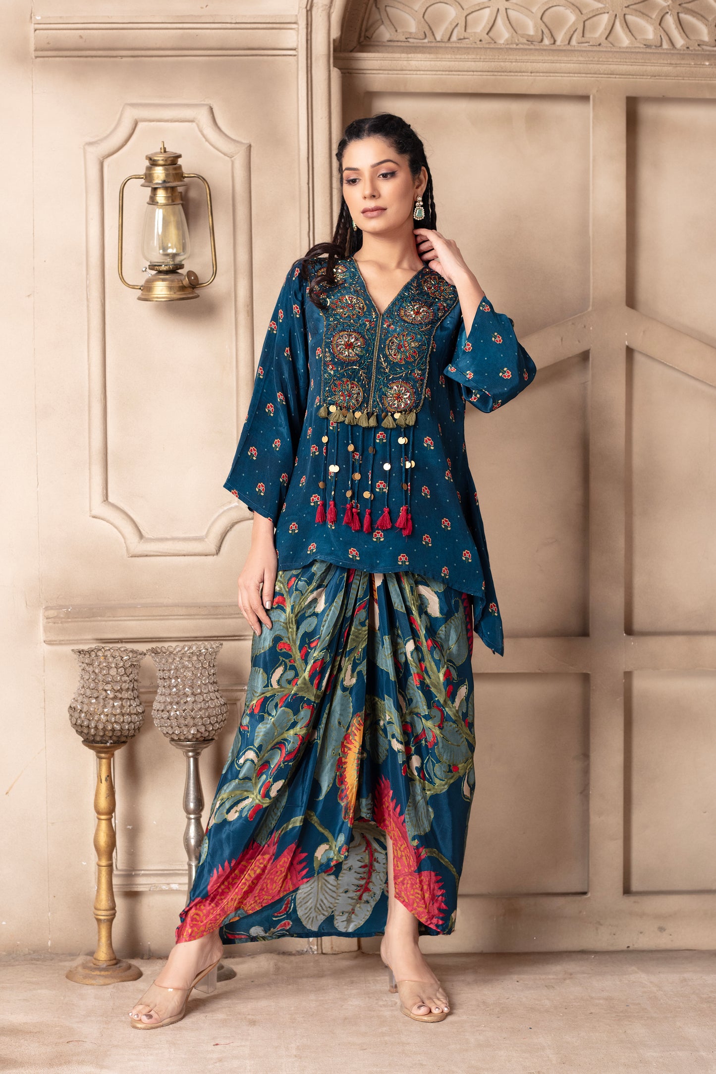 Blue Embroidered Draped Skirt Set