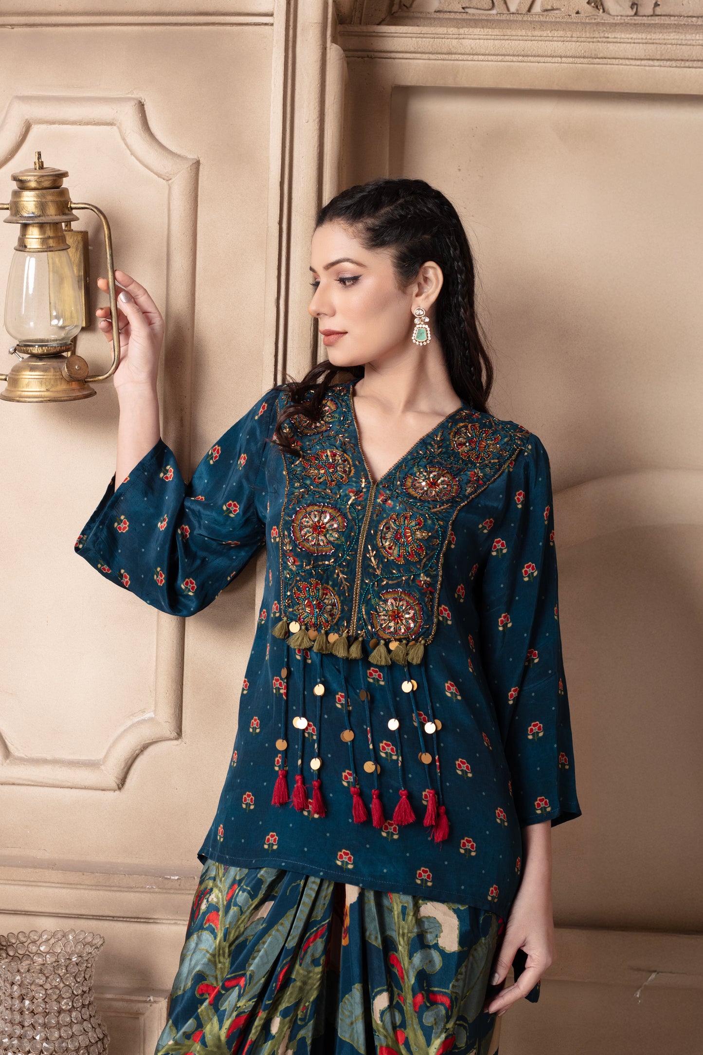 Blue Embroidered Draped Skirt Set