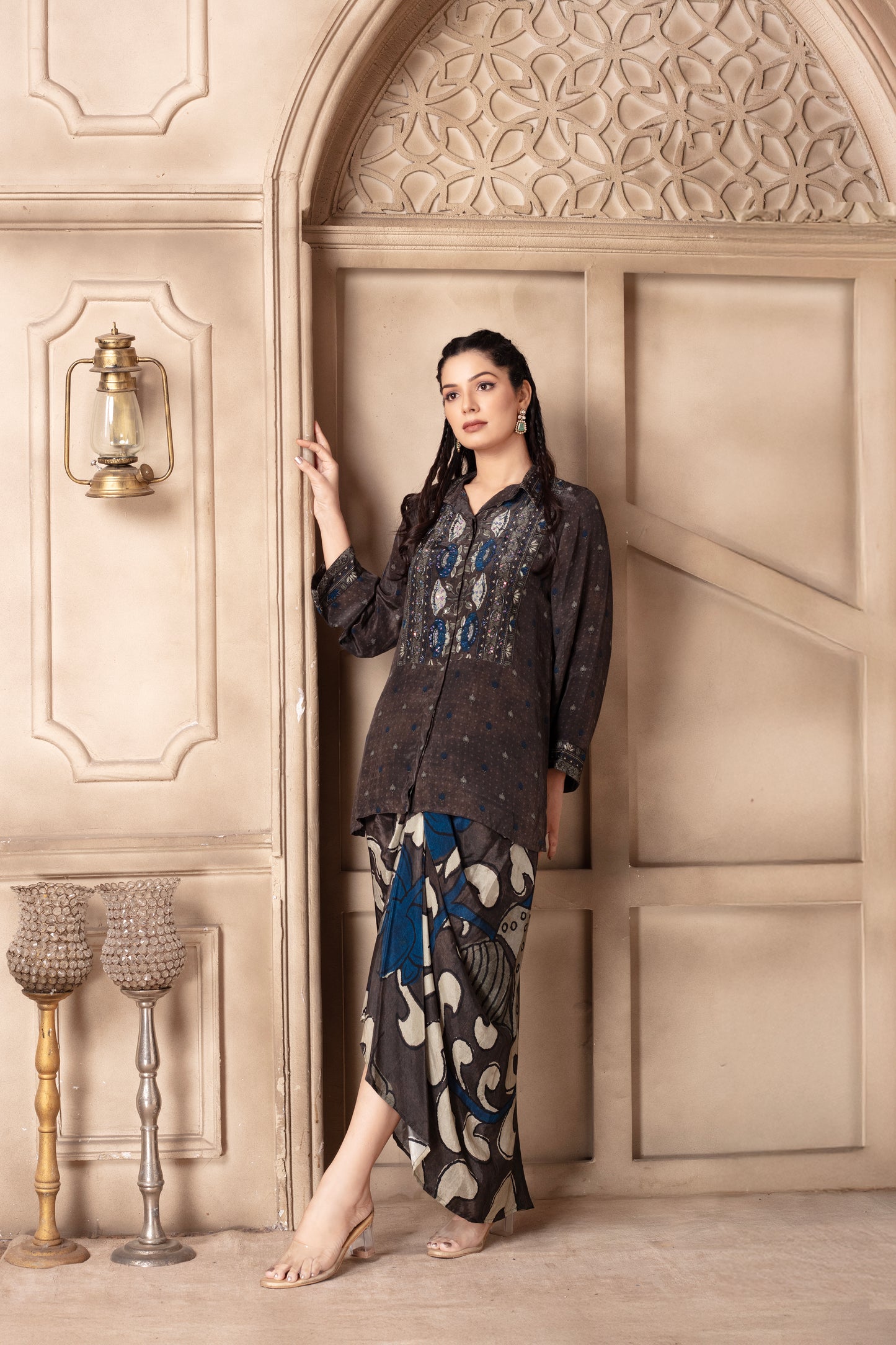 Grey Embroidered Draped Skirt Set