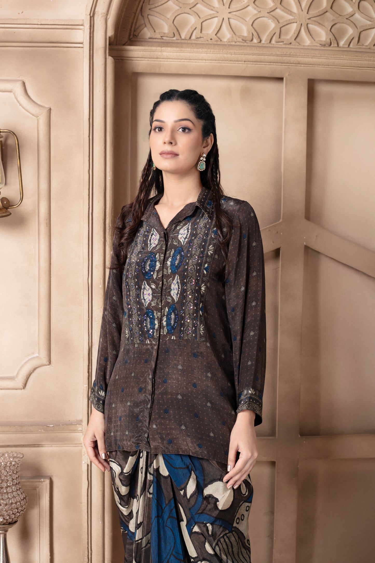 Grey Embroidered Draped Skirt Set