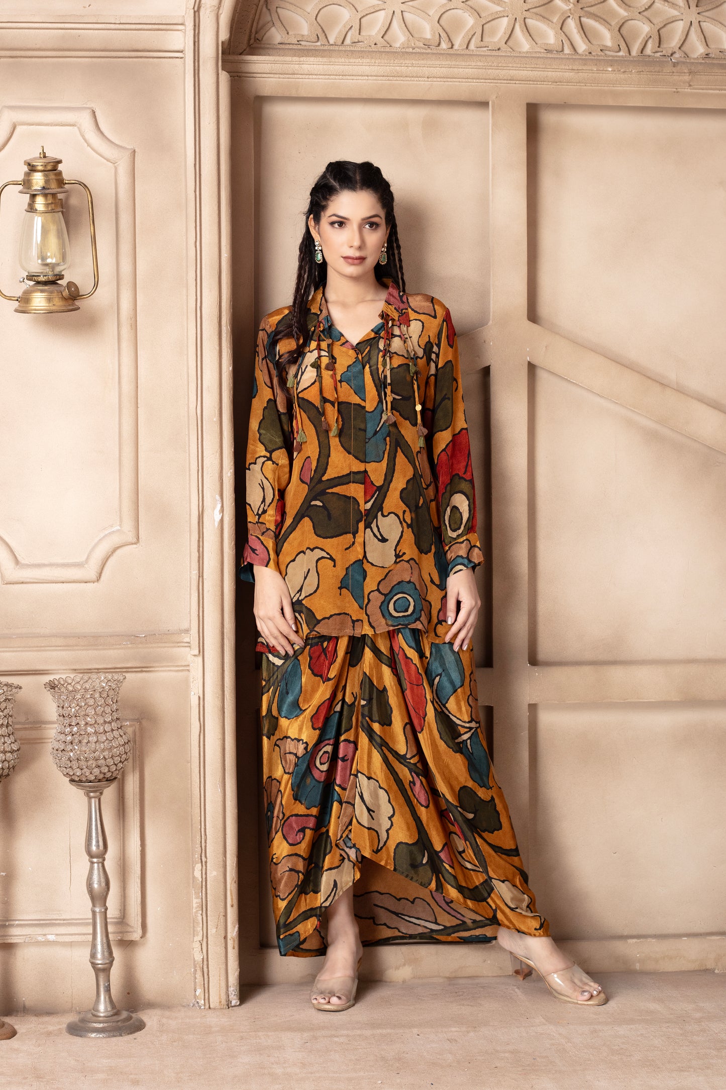 Yellow Printed Draped Skirt Set