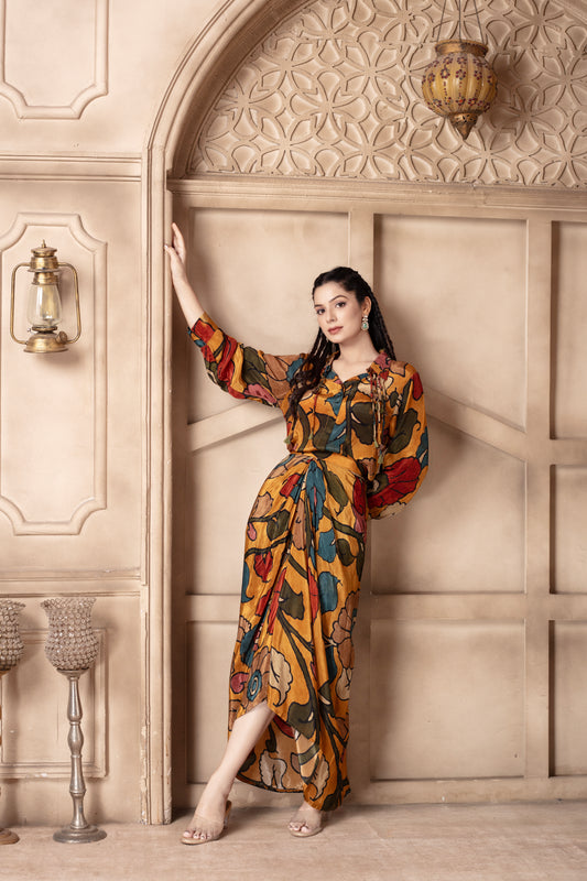 Yellow Printed Draped Skirt Set