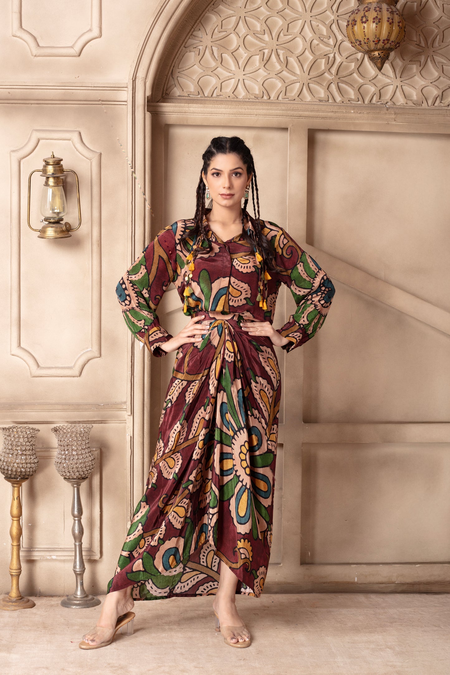 Maroon Printed Draped Skirt Set