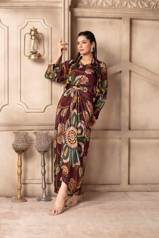 Maroon Printed Draped Skirt Set