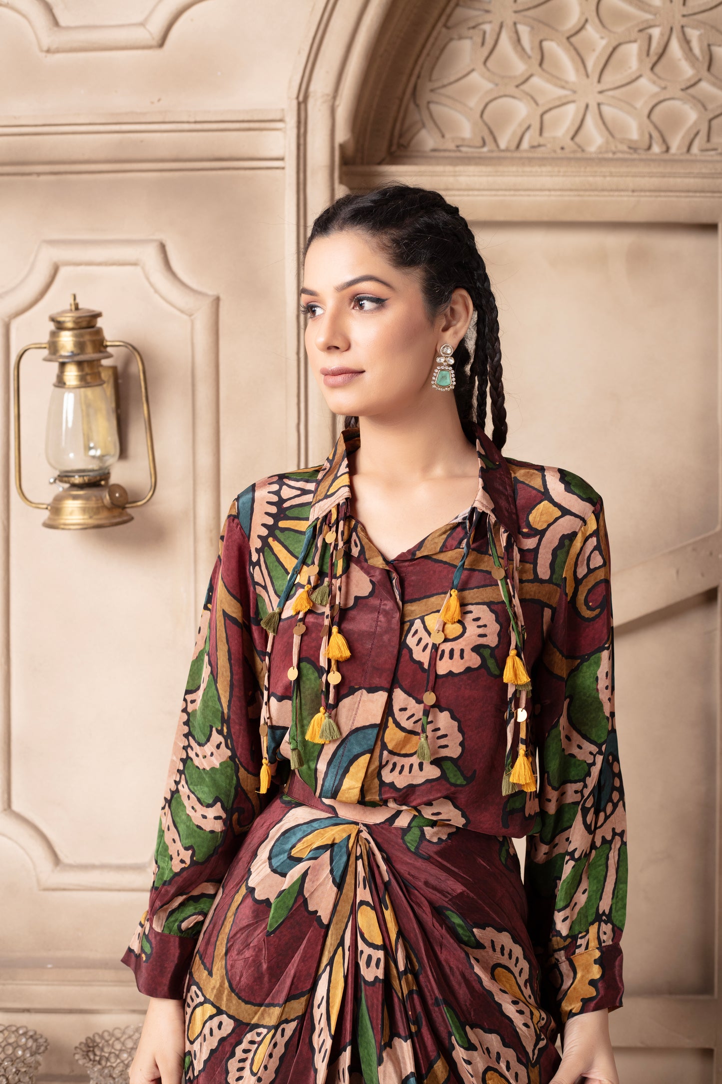 Maroon Printed Draped Skirt Set