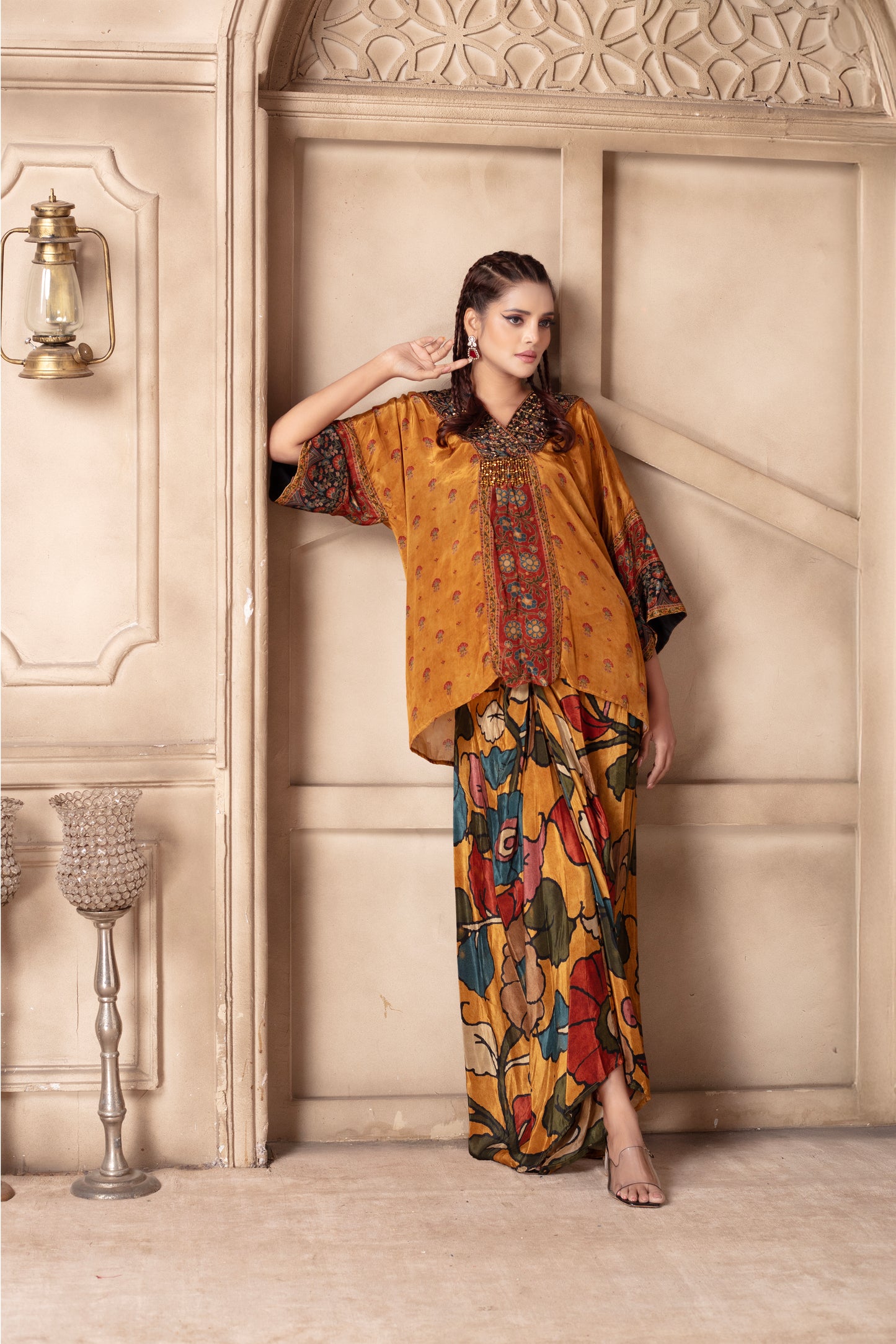 Yellow Embroidered Draped Skirt Set