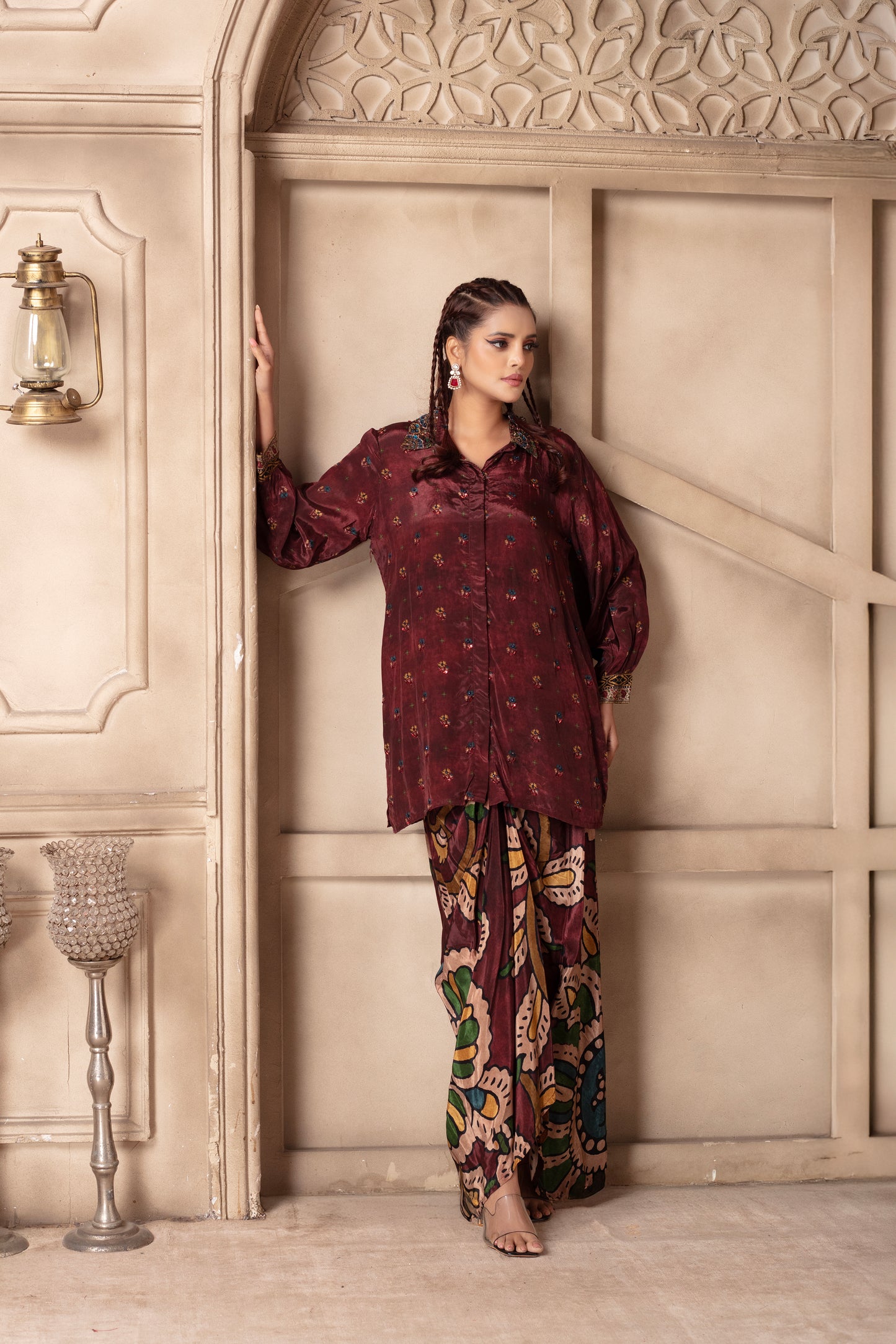 Maroon Embroidered Draped Skirt Set