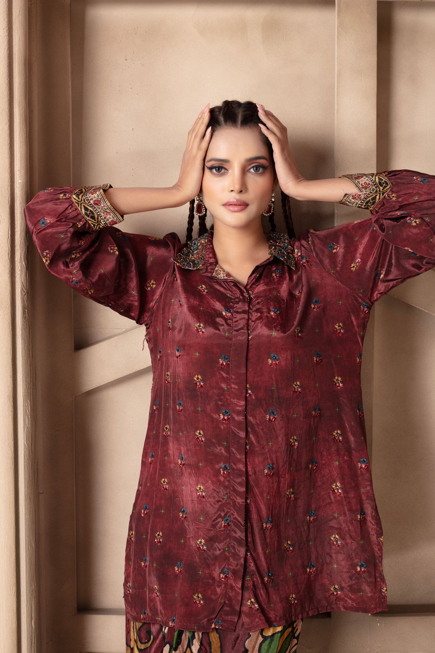 Maroon Embroidered Draped Skirt Set