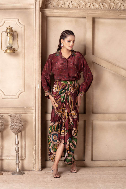 Maroon Embroidered Draped Skirt Set