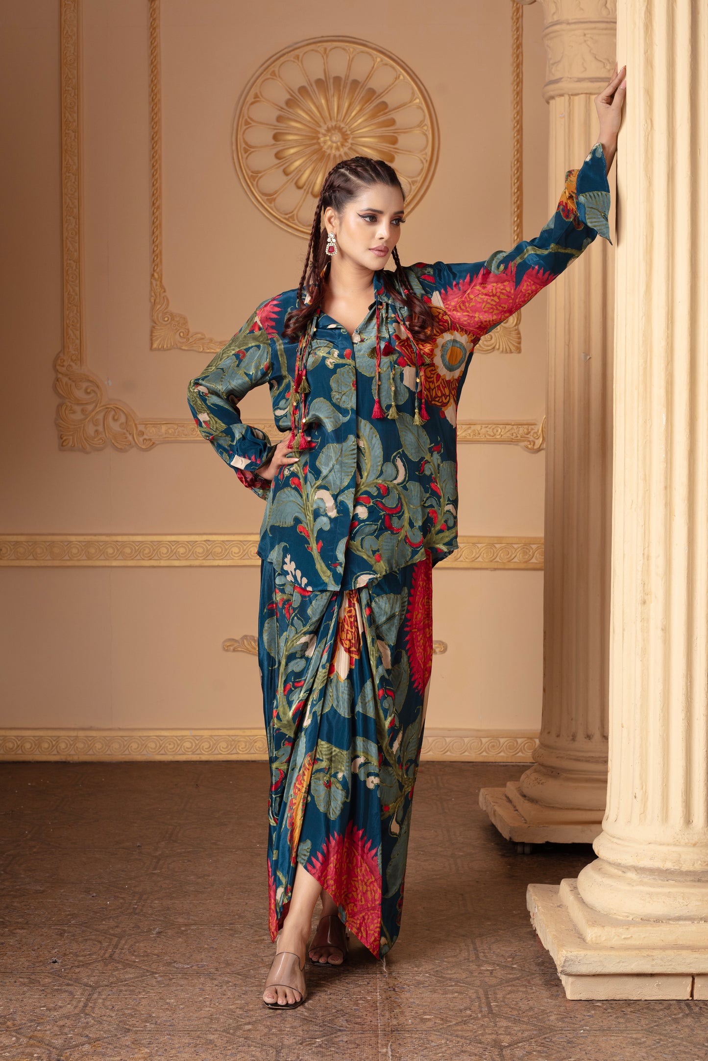 Blue Printed Draped Skirt Set