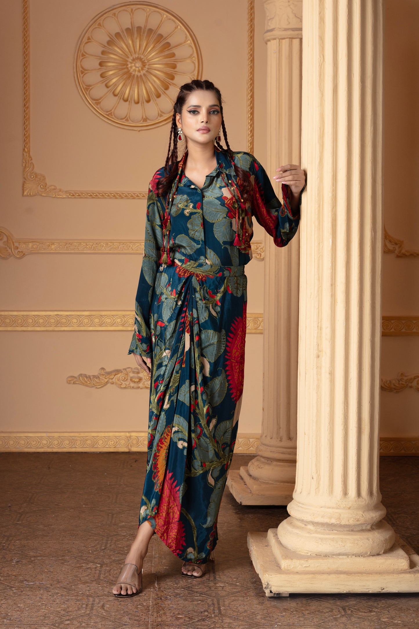 Blue Printed Draped Skirt Set