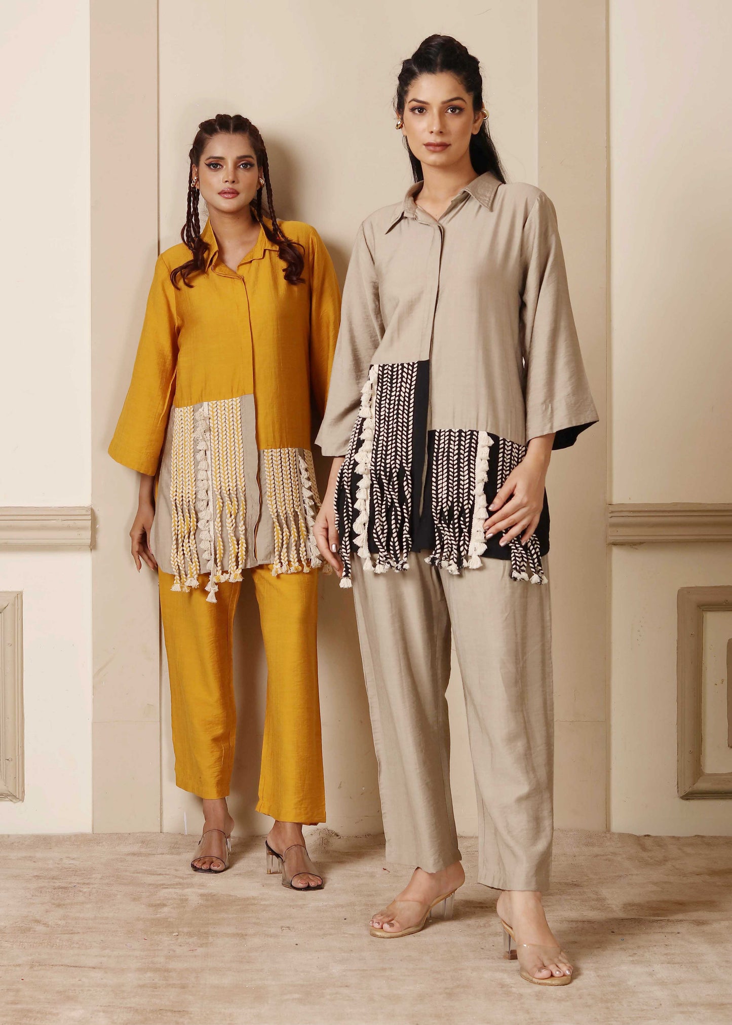 Yellow Colour Blocking Tasseled Cord Set