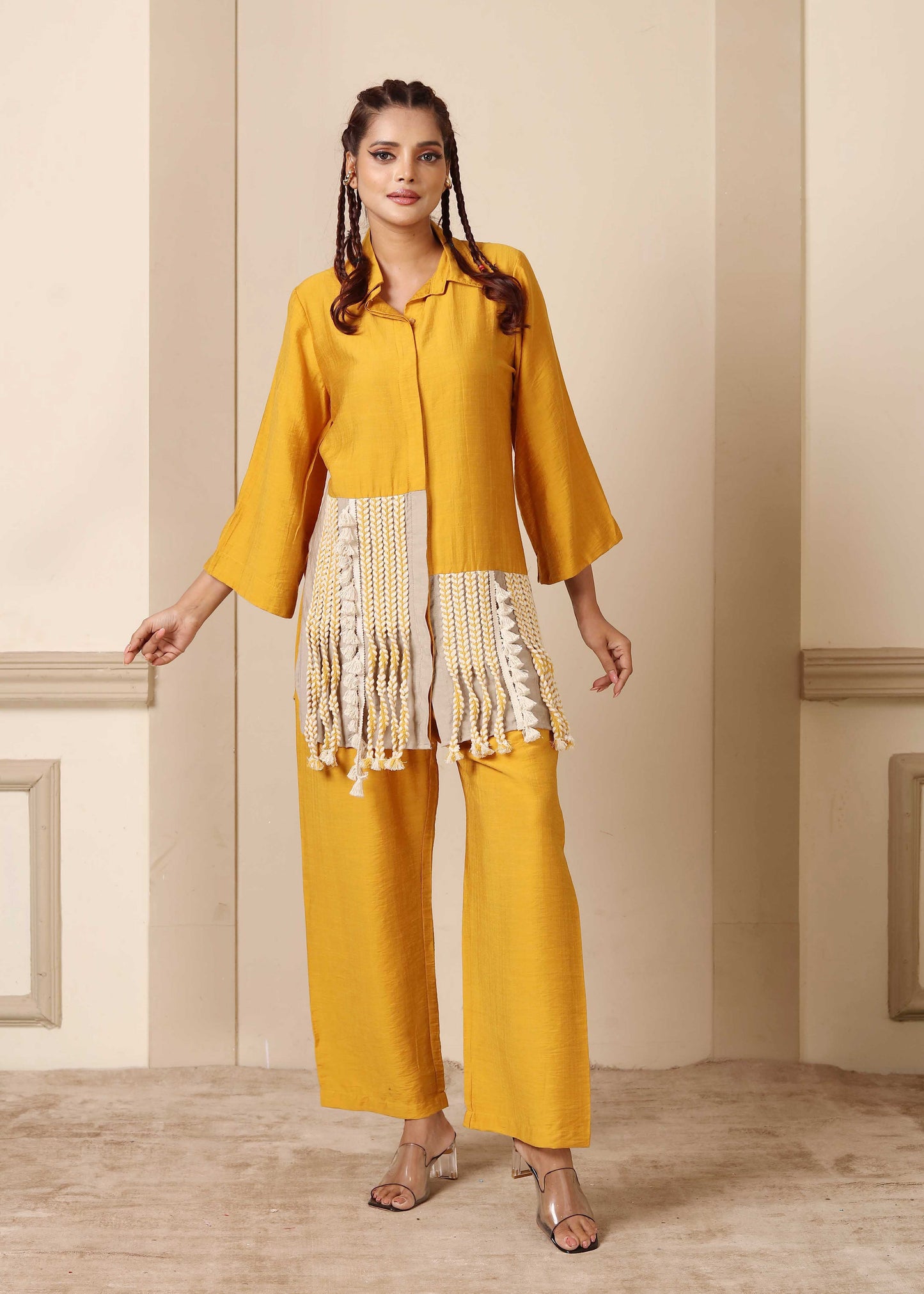 Yellow Colour Blocking Tasseled Cord Set