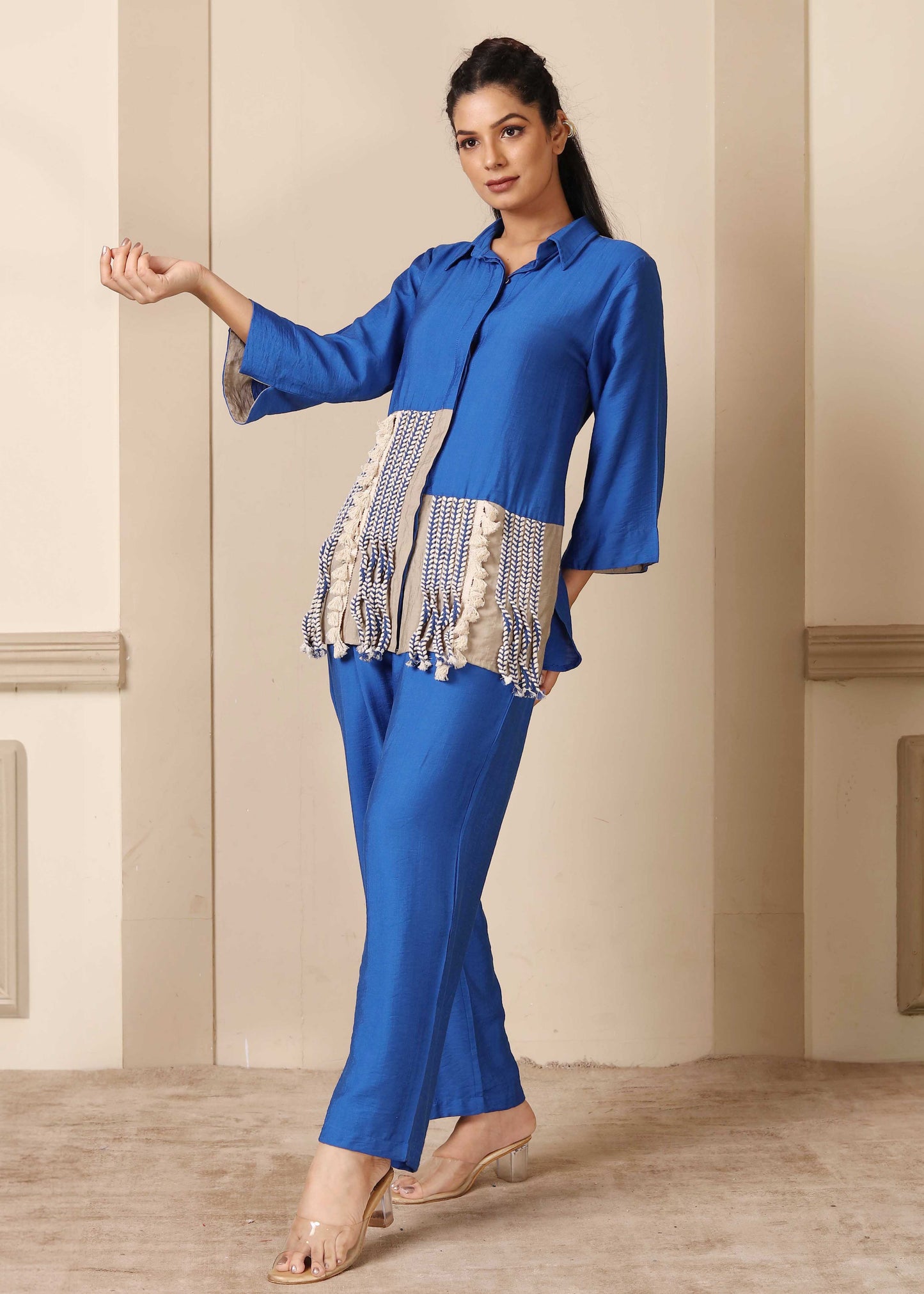 Blue Colour Blocking Tasseled Cord Set