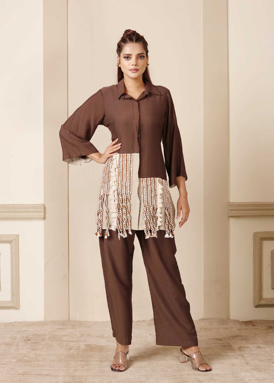Brown Colour Blocking Tasseled Cord Set