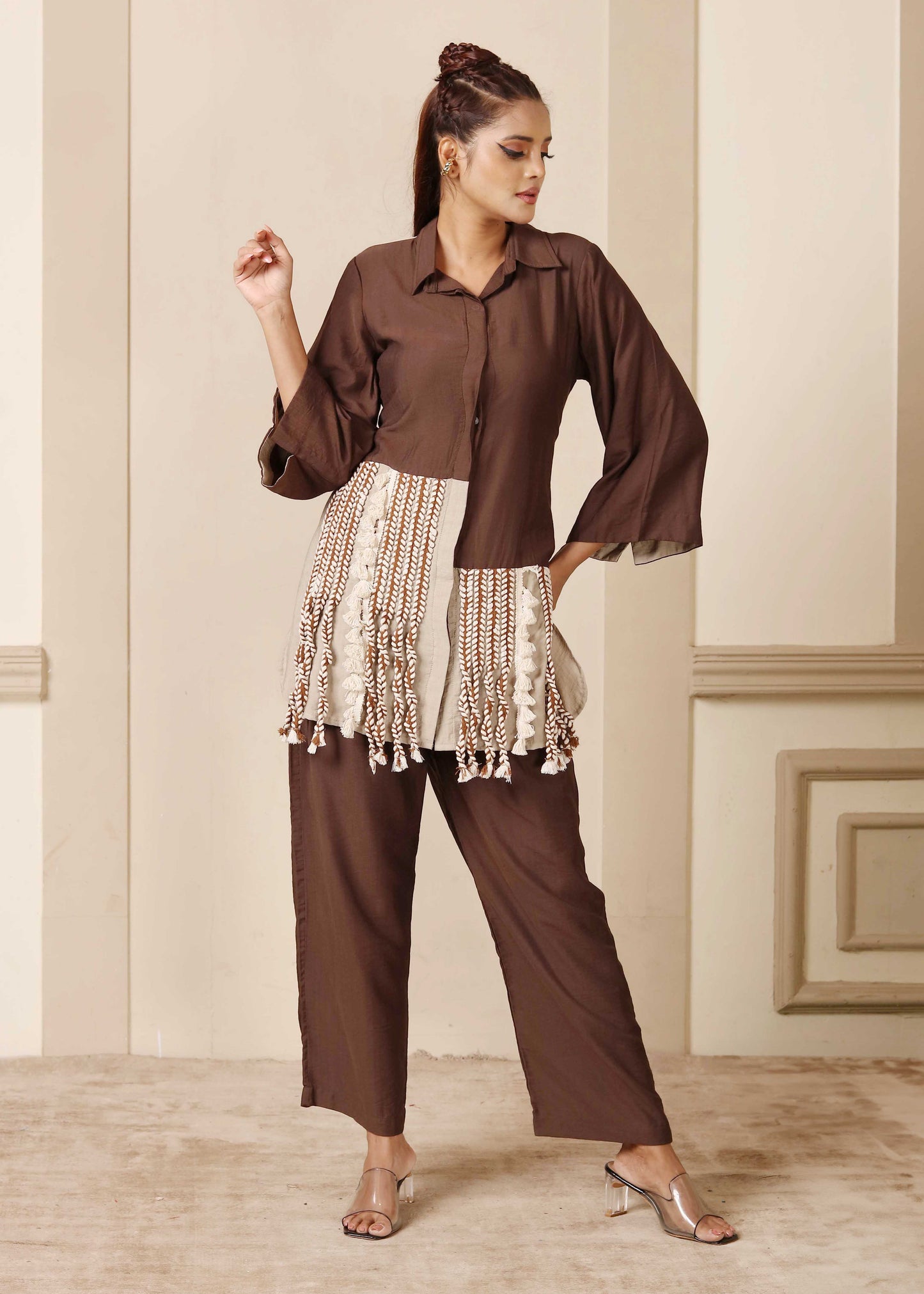 Brown Colour Blocking Tasseled Cord Set