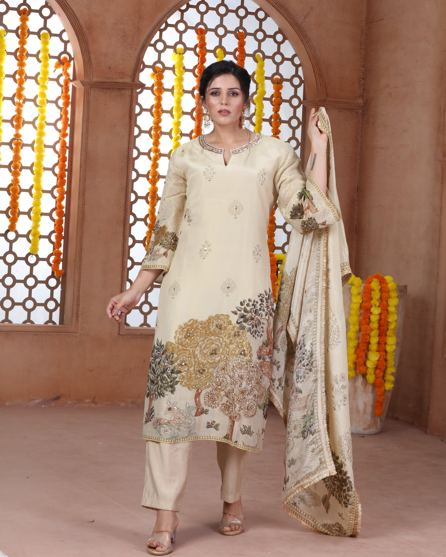 Beige Printed Tissue Suit-2