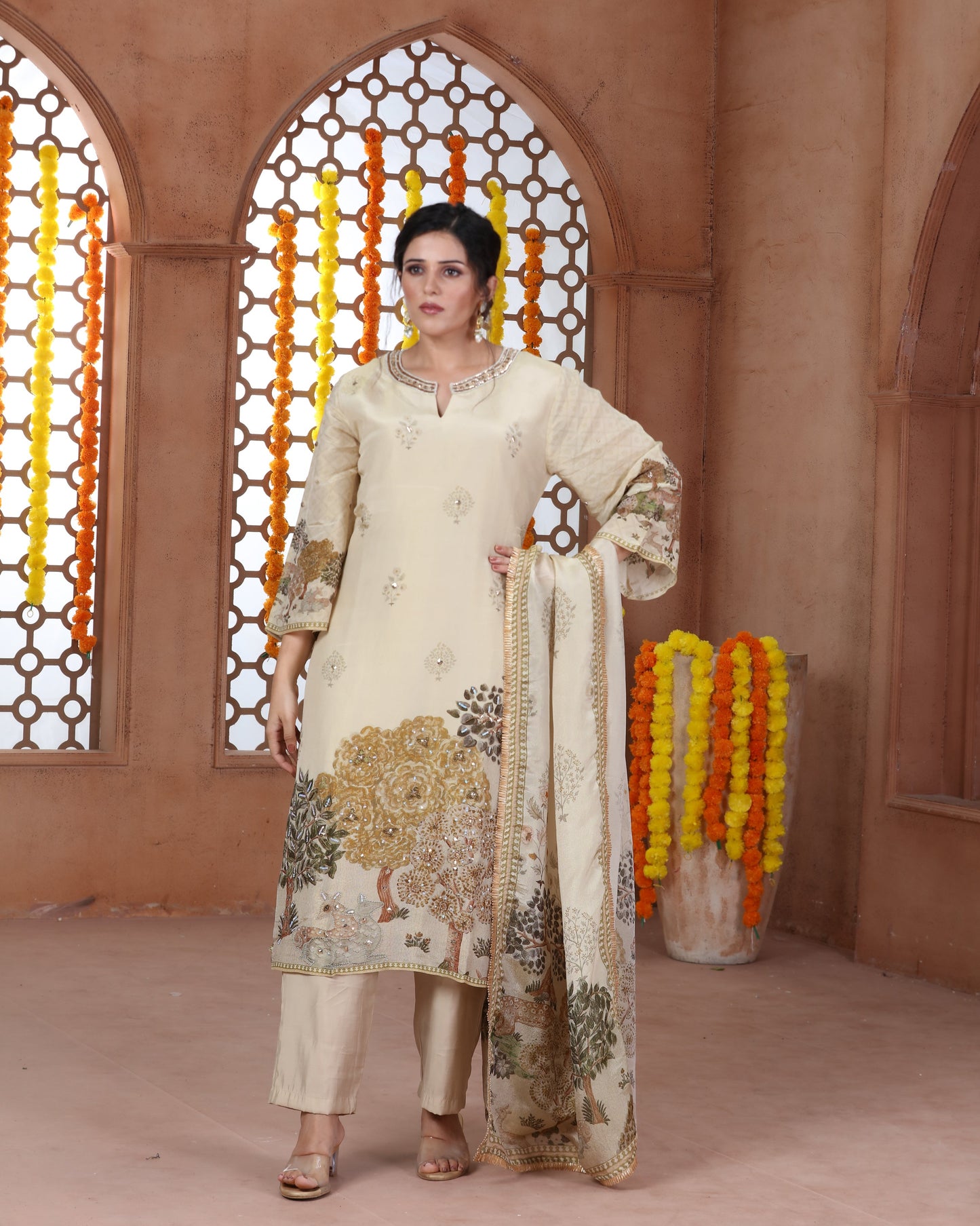 Beige Printed Tissue Suit-2