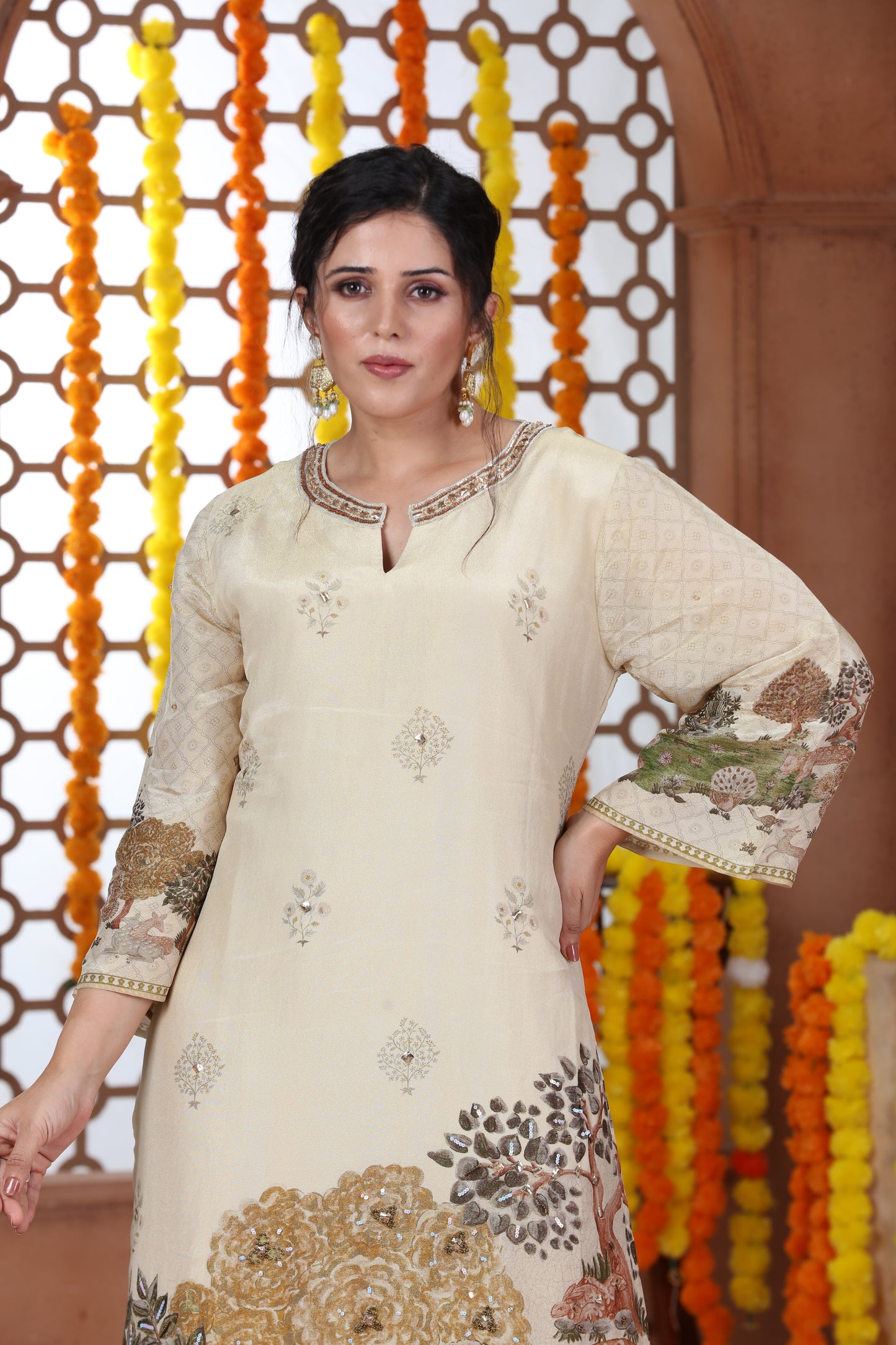 Beige Printed Tissue Suit-2