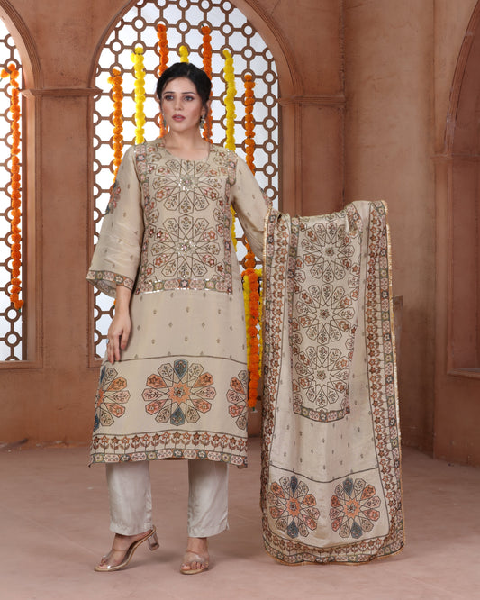 Beige Printed Tissue Suit-4
