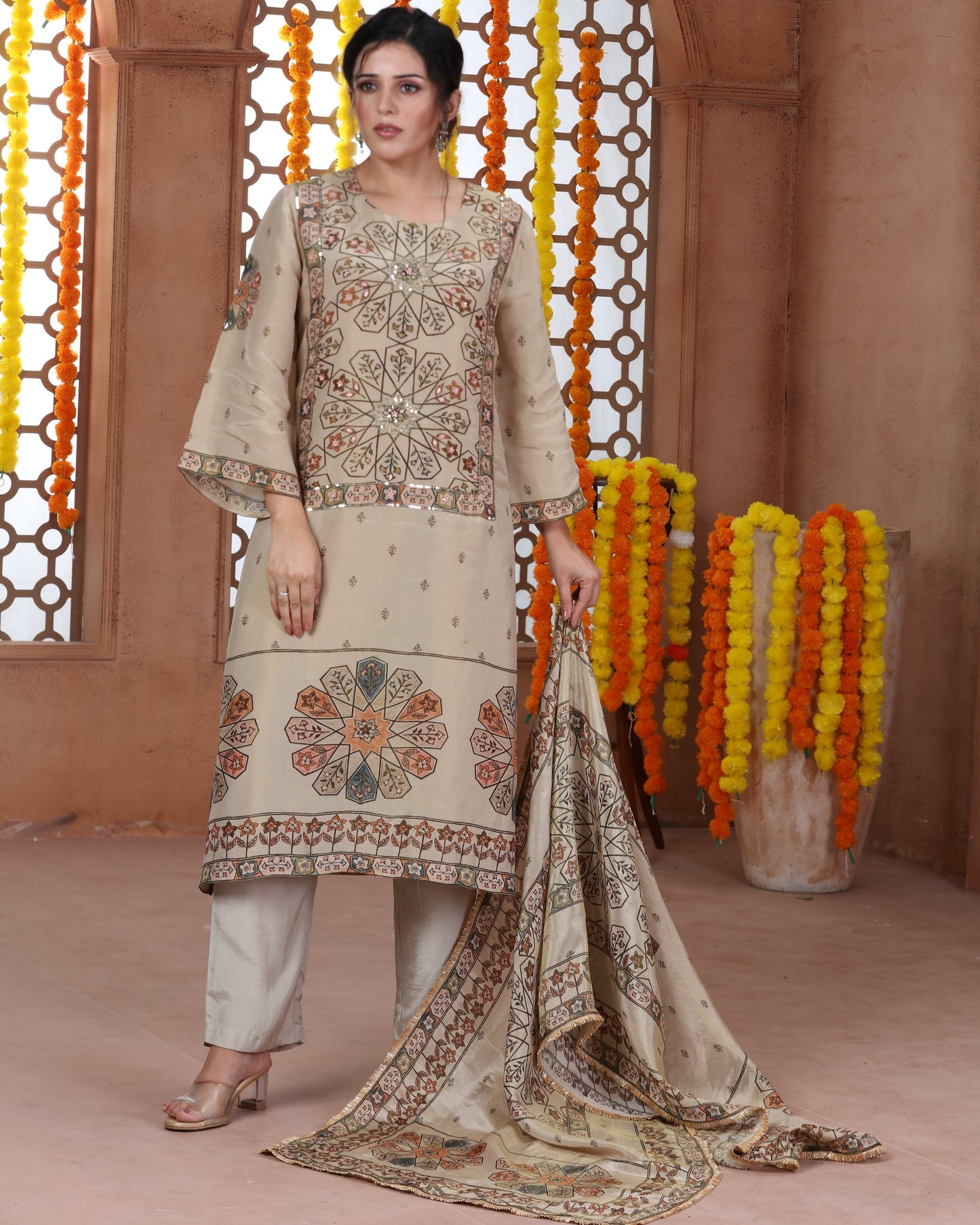 Beige Printed Tissue Suit-4