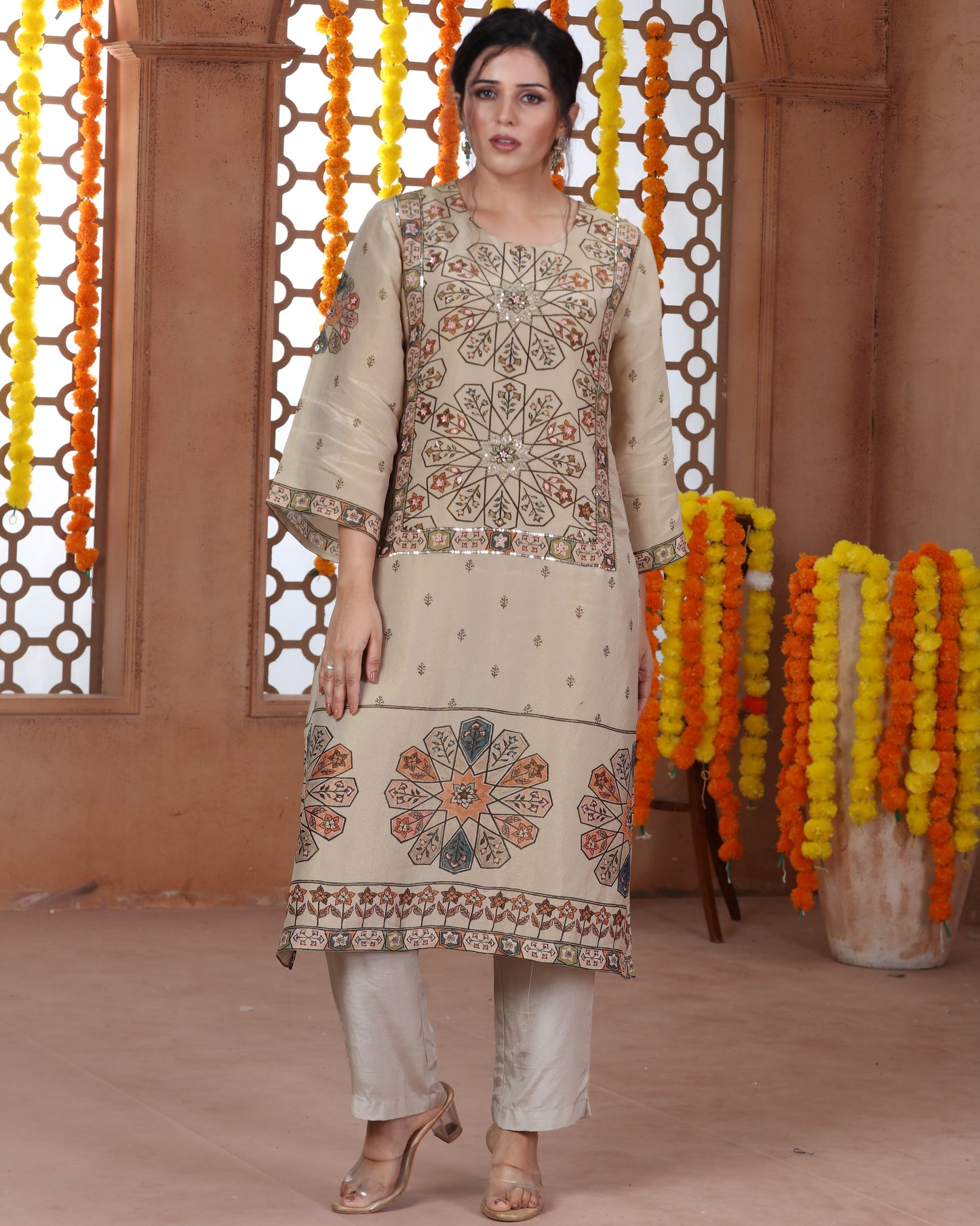 Beige Printed Tissue Suit-4